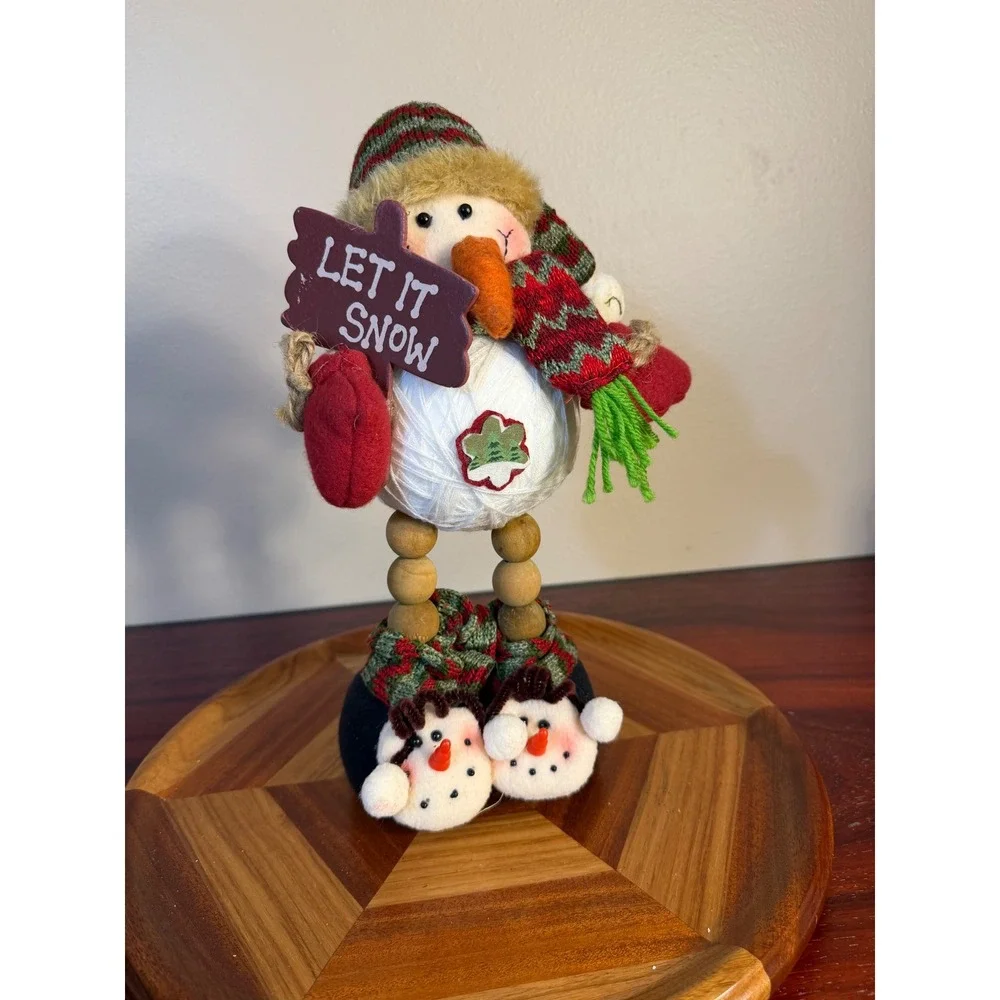Let It Snow Snowman Figurine Wooden Bead Legs String Body Holiday Decor 12 Inch